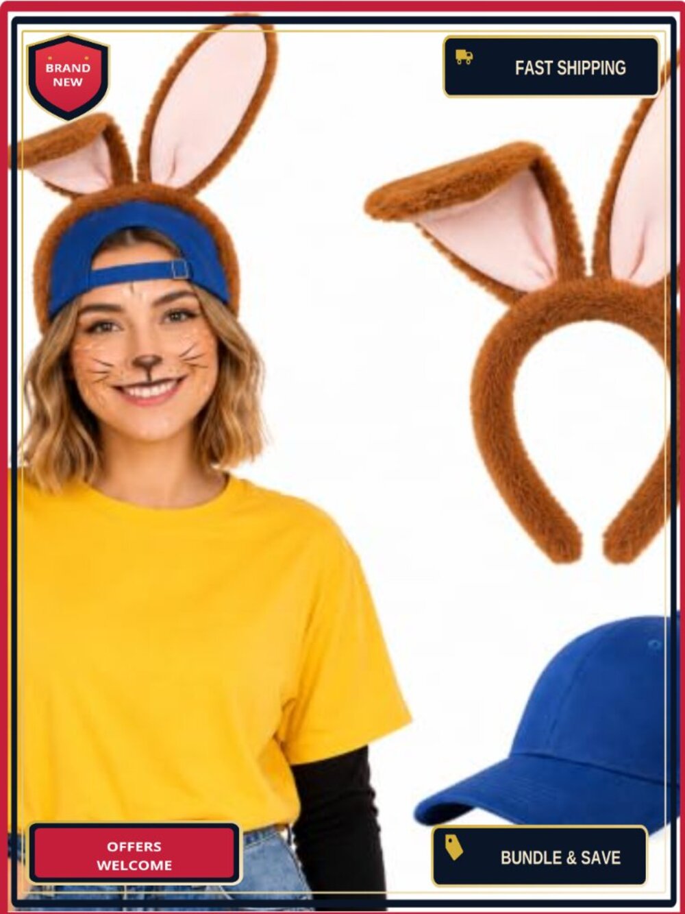 Bunny Costume Accessory Set Plush Ears Headband & Baseball Cap Adjustable Adult